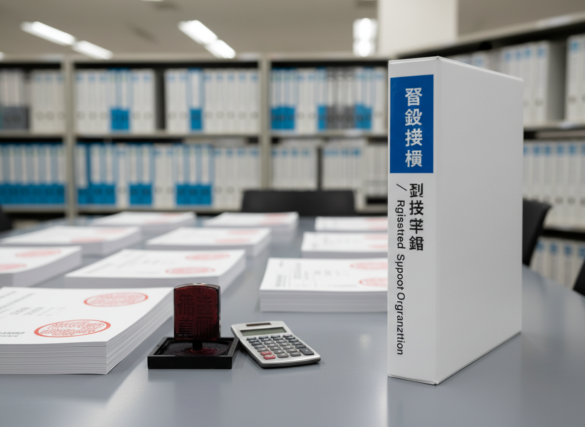 A conference table prepared for compliance and documentation work as a registered support organization. On a smooth gray tabletop lie organized stacks of official-looking forms with Japanese government seals, a dark red company stamp resting in an open ink pad, and a slim calculator. A binder labeled “登録支援機関 / Registered Support Organization” in clean typography is prominently positioned in the foreground. In the background, blurred shelves hold neatly arranged binders in sober blue and white. Bright but soft office lighting from overhead panels provides even, shadow-free illumination. Photographic realism, shot from a slightly low angle with the binder in sharp focus and background gently blurred, conveying precision, reliability, and strict adherence to regulations.