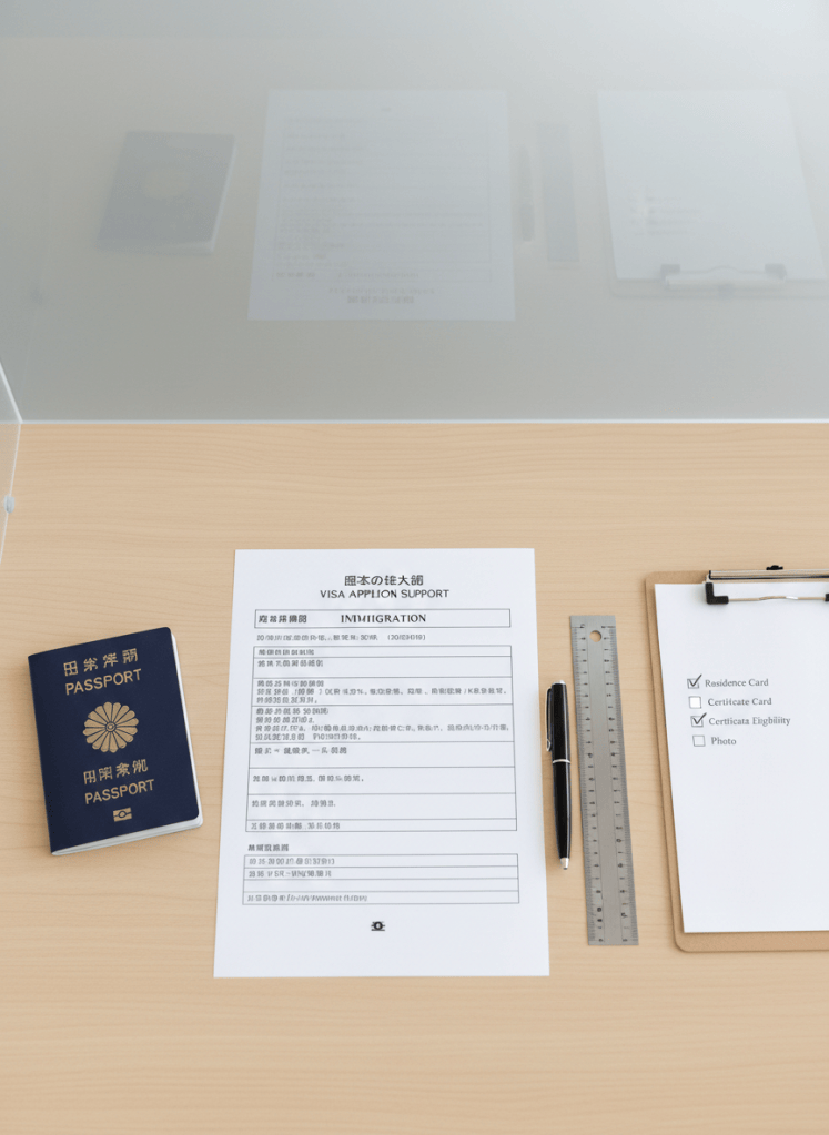 A detailed visa application support station on a quiet office desk, shot in photographic realism. In the center lies a partially completed Japanese immigration form with neatly typed bilingual fields, next to a navy passport, a precise metal ruler, and a fine-point black pen aligned parallel to the paper’s edge. A small, open document checklist clipboard sits to the side, with checkmarks beside “Residence Card,” “Certificate of Eligibility,” and “Photo.” The desk surface is a smooth light oak, and a frosted glass partition behind it diffuses soft daylight, producing a clean, bright atmosphere with minimal shadows. Captured from an overhead, bird’s-eye view, the composition is meticulously organized, conveying accuracy, attention to detail, and stress-free visa assistance.