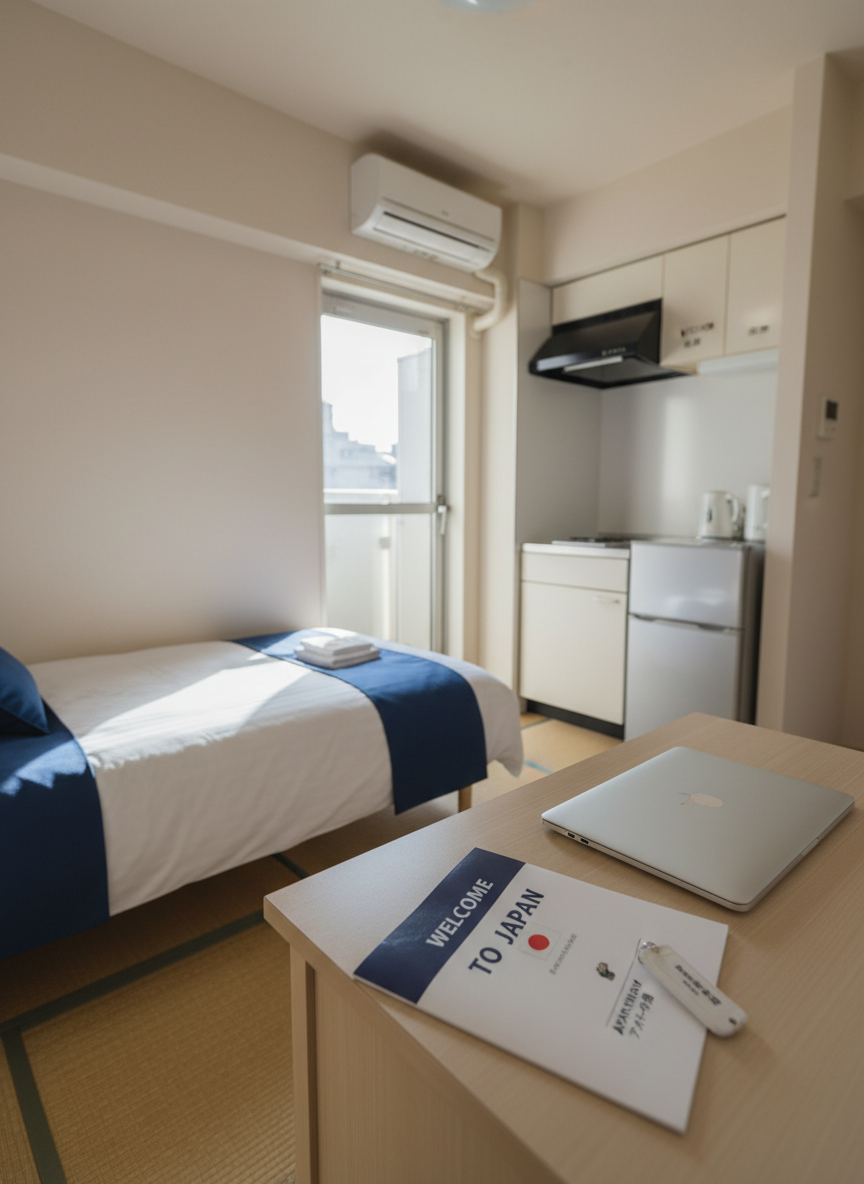 A bright, compact Japanese apartment interior prepared for a new foreign resident, seen in photographic realism. A neatly made single bed with a crisp white duvet and navy accent blanket sits against a pale wall, beside a small wooden desk with a closed laptop, bilingual welcome booklet, and a key fob labeled in Japanese and English. A narrow balcony door lets in soft afternoon light, casting gentle shadows across the tatami-like flooring and creating a warm, inviting atmosphere. In the background, a compact kitchenette with a labeled cabinet and simple appliances is slightly out of focus. Composed at eye level with a subtle depth of field, the mood is welcoming, practical, and supportive of everyday life in Japan.