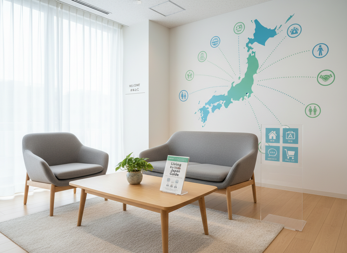 A small, modern support lounge area designed for foreign residents, empty yet welcoming. Two low armchairs in muted gray fabric face a simple light-wood coffee table that holds a bilingual information booklet titled “Living in Japan Guide,” a small potted plant, and a subtle acrylic stand with icons for housing, work, language, and daily life. A large wall graphic in soft blues and greens shows a stylized map of Japan with connecting lines to world icons, emphasizing global support. Natural daylight pours in from a side window, softened by sheer curtains, creating a calm, evenly lit environment. Photographic realism with a wide, eye-level composition, the mood is reassuring, inclusive, and gently optimistic.