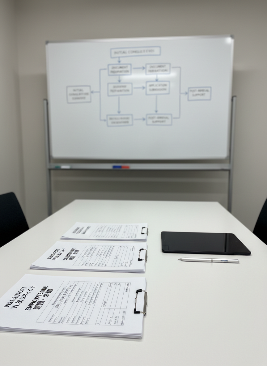A tidy consultation table in a minimalist meeting room, featuring neatly arranged printed checklists labeled in Japanese and English for visa, housing, language, and employment support. A matte black tablet rests beside a slim silver pen, both aligned with precision on a smooth white tabletop. Behind, a large wall-mounted whiteboard shows a structured flowchart of the support process in muted blue and gray marker lines. Soft overhead office lighting and indirect daylight from an unseen window create an even, neutral illumination with gentle shadows. Shot from a slightly elevated angle in photographic realism, with balanced composition and sharp focus, the mood is orderly, reassuring, and highly professional, highlighting the comprehensive nature of registered support services.