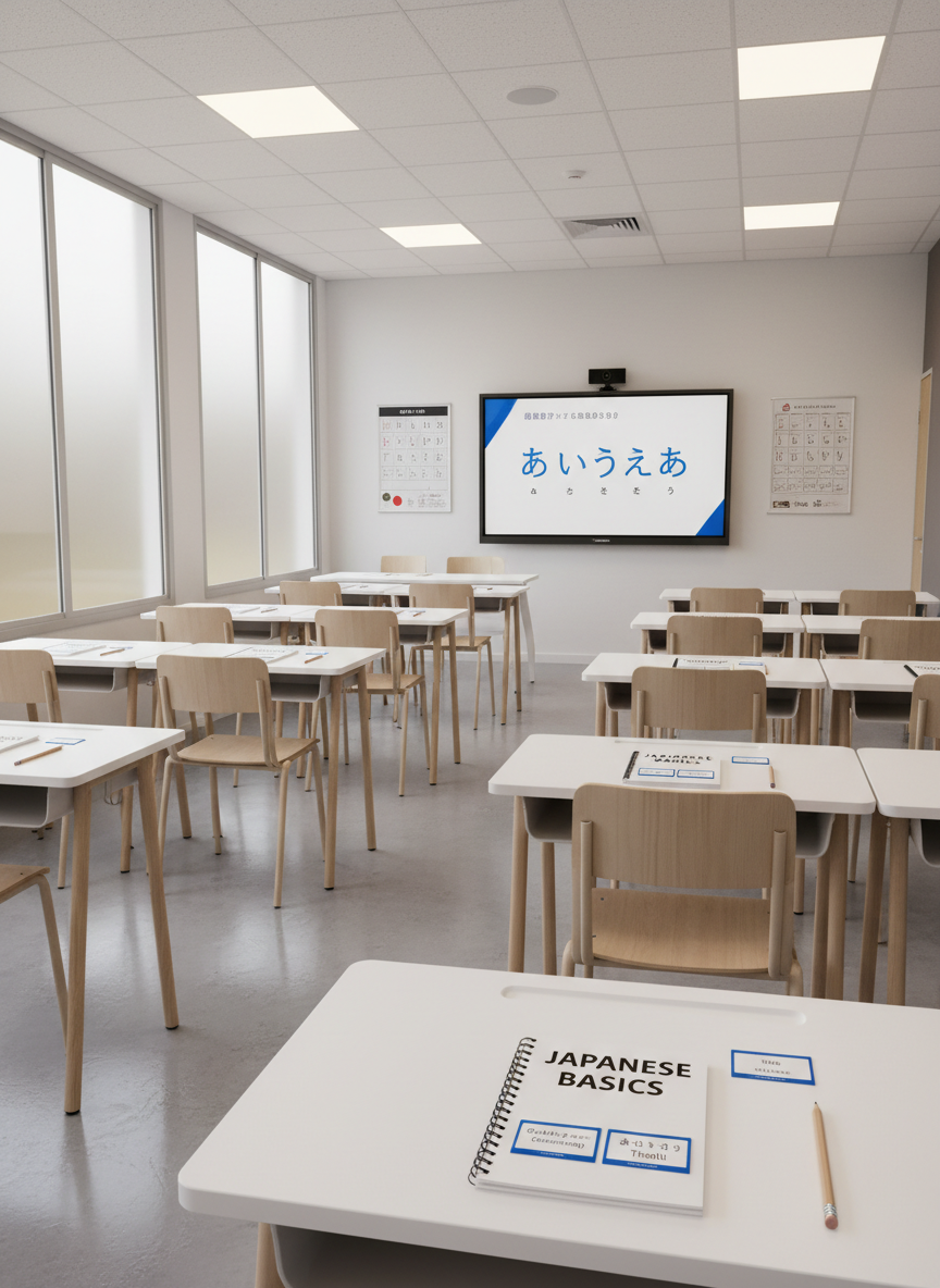 A modern classroom-style space dedicated to Japanese language support, empty of people yet fully prepared. Simple white desks are arranged in neat rows, each with a notebook labeled “Japanese Basics,” a sharpened pencil, and a small vocabulary card showing everyday phrases in Japanese and English. At the front, a large digital screen displays a clean slide with hiragana and English translations in blue and black text. Natural daylight filters through frosted windows, complemented by soft ceiling lights that create an evenly lit environment with minimal shadows. Photographic realism from a slightly wide, eye-level perspective, with clear lines and organized composition. The mood is encouraging, focused, and accessible, reflecting structured language support for foreign nationals.