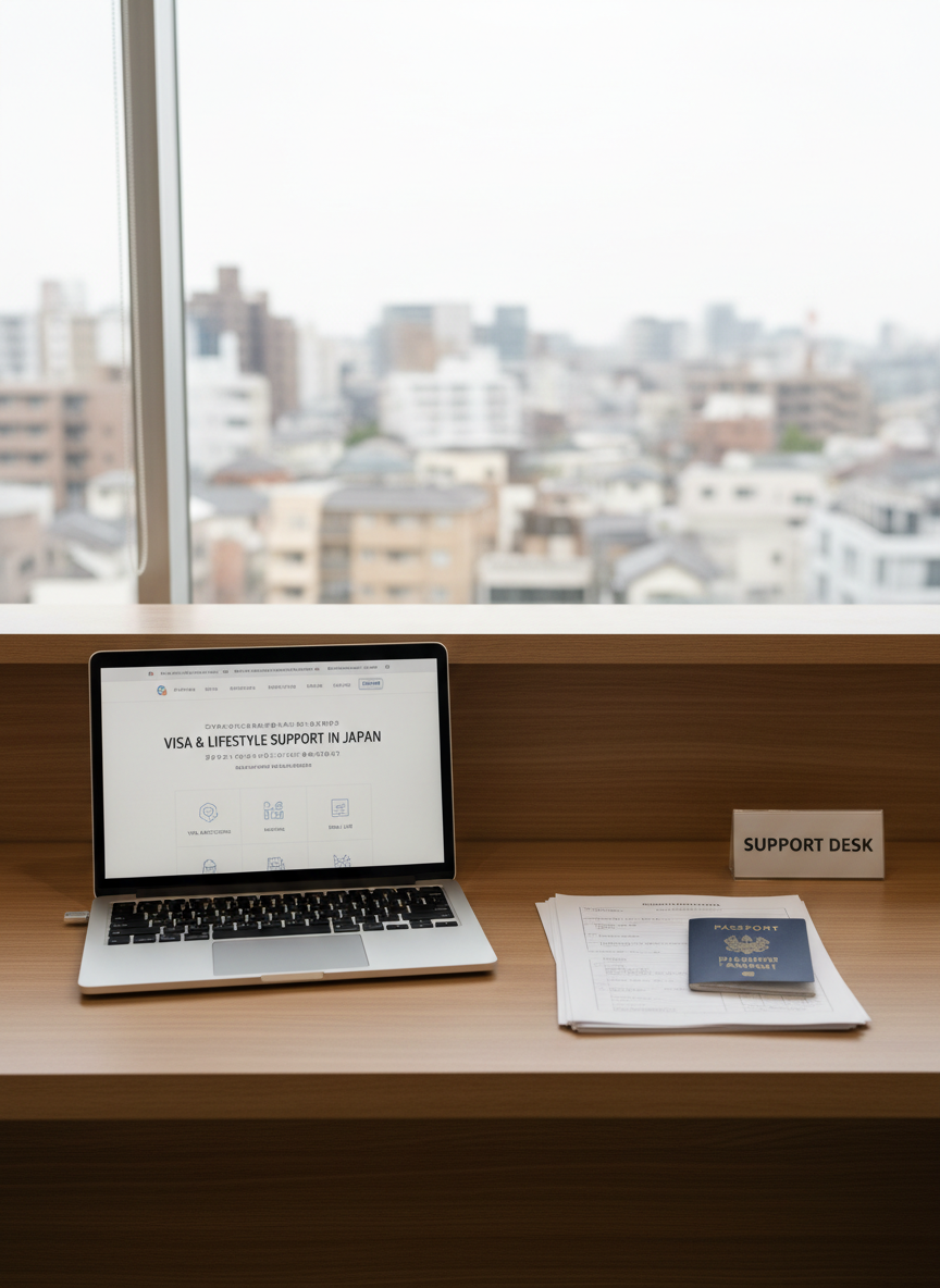 A clean, modern office reception desk made of light wood with a subtle grain, topped with an open silver laptop displaying a bilingual Japanese–English website about visa and lifestyle support. Next to it, neatly stacked application forms, a dark blue passport, and a small acrylic sign reading “Support Desk” in simple sans-serif typography. The desk stands in front of a large window overlooking a soft-focus Japanese cityscape with modest buildings. Gentle daytime natural light fills the space, creating soft reflections on the laptop screen and desk surface. Photographic realism, eye-level composition with shallow depth of field, calm and professional mood, emphasizing clarity, trust, and organized support services for foreign residents in Japan without any people present.