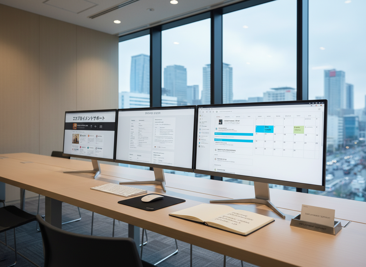 A work support area featuring a long, uncluttered desk with three high-resolution computer monitors displaying different screens: a Japanese job search site, a professional CV template in English and Japanese, and a calendar with interview preparation reminders. A slim keyboard, a notepad with job-related keywords written in neat handwriting, and a small business-card holder engraved with “Employment Support” sit on the desk. The room has neutral-toned walls and a large glass panel that reveals a softly blurred city business district outside. Cool, diffused daylight mixes with discreet overhead lighting, creating a balanced, professional atmosphere. Captured in photographic realism from a three-quarter angle with moderate depth of field, emphasizing efficiency, opportunity, and structured career support.