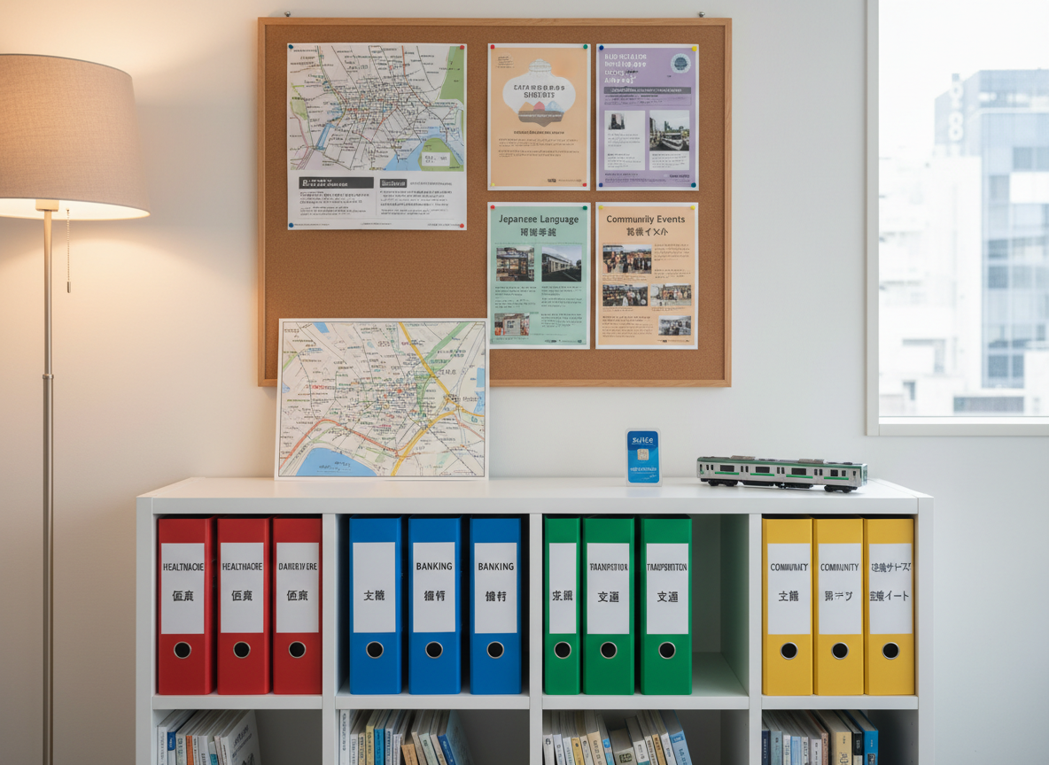 A neatly arranged daily-life support corner in an office, featuring a low white shelf filled with color-coded folders labeled in Japanese and English for healthcare, banking, transportation, and community services. On top of the shelf sits a detailed bilingual city map of a Japanese neighborhood, a rechargeable transit card, and a small model of a train. Nearby, a corkboard on the wall displays well-organized flyers about local hospitals, language schools, and community events. Soft, indirect lighting from a floor lamp and muted daylight from a nearby window create a warm, approachable glow. Photographic realism with a straight-on composition and moderate depth of field conveys reliability, practicality, and gentle guidance for everyday living.