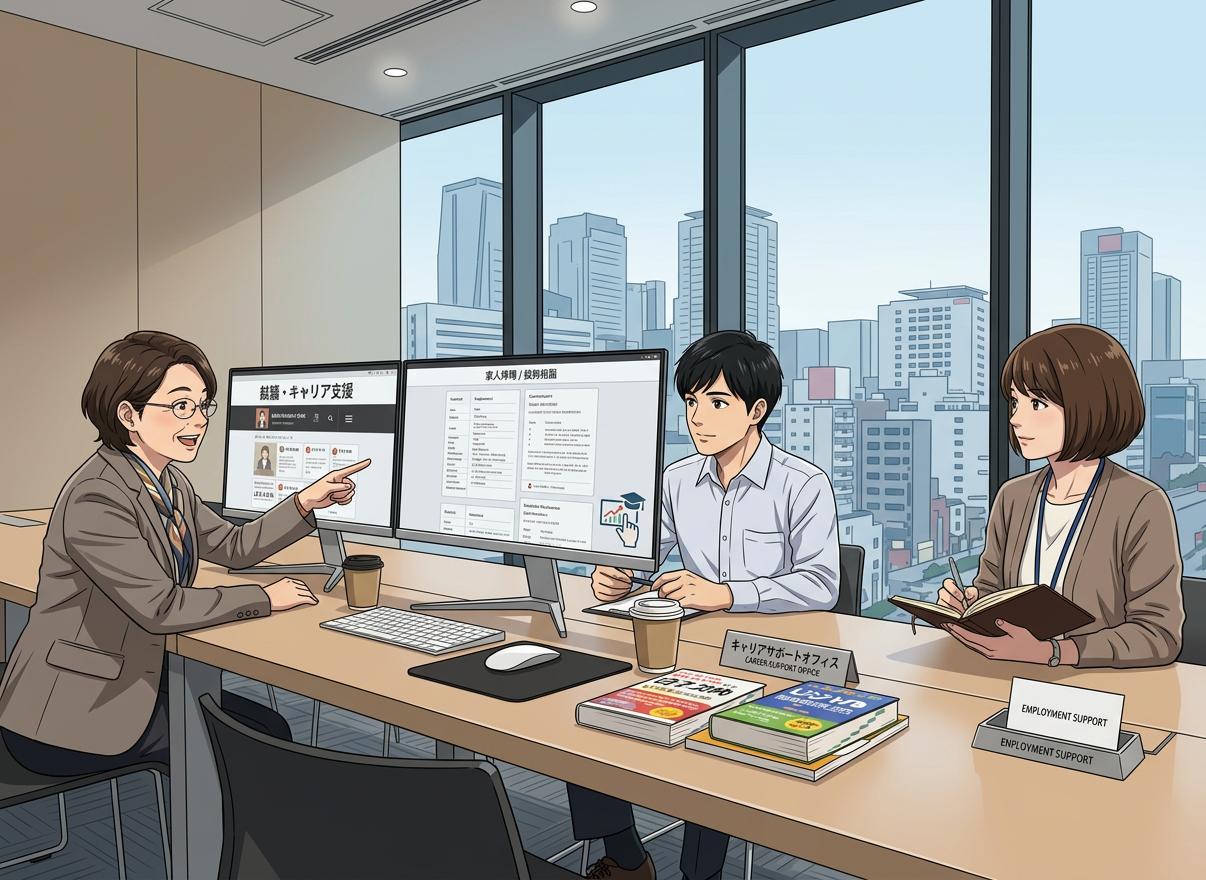 Three professionals discussing work in a modern office with city view