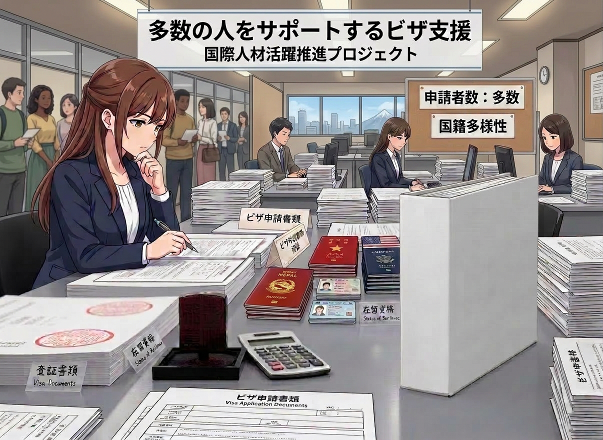A conference table prepared for compliance and documentation work as a registered support organization. On a smooth gray tabletop lie organized stacks of official-looking forms with Japanese government seals, a dark red company stamp resting in an open ink pad, and a slim calculator. A binder labeled “登録支援機関 / Registered Support Organization” in clean typography is prominently positioned in the foreground. In the background, blurred shelves hold neatly arranged binders in sober blue and white. Bright but soft office lighting from overhead panels provides even, shadow-free illumination. Photographic realism, shot from a slightly low angle with the binder in sharp focus and background gently blurred, conveying precision, reliability, and strict adherence to regulations.