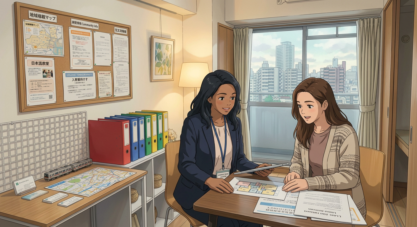A neatly arranged daily-life support corner in an office, featuring a low white shelf filled with color-coded folders labeled in Japanese and English for healthcare, banking, transportation, and community services. On top of the shelf sits a detailed bilingual city map of a Japanese neighborhood, a rechargeable transit card, and a small model of a train. Nearby, a corkboard on the wall displays well-organized flyers about local hospitals, language schools, and community events. Soft, indirect lighting from a floor lamp and muted daylight from a nearby window create a warm, approachable glow. Photographic realism with a straight-on composition and moderate depth of field conveys reliability, practicality, and gentle guidance for everyday living.